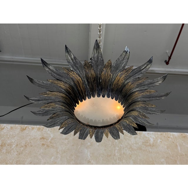 Silver Spanish 1950s Sunburst Leaf Ceiling Fixture With Frosted Glass For Sale - Image 8 of 14