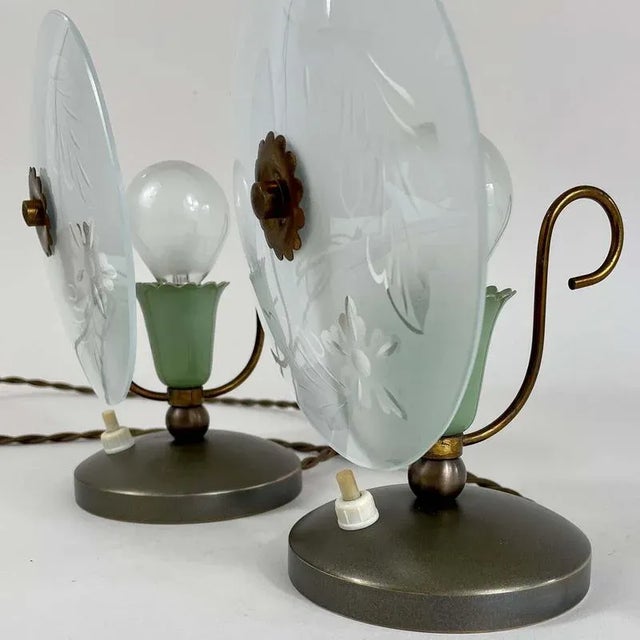 Metal Mid-Century Etched Glass Table Lamps, Italy, 1950s, Set of 2 For Sale - Image 7 of 16
