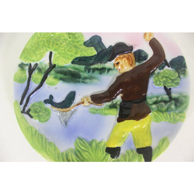 1970s Vintage Hand Painted Ceramic Wall Hanging Fishing Plate Folk Art For Sale - Image 5 of 6