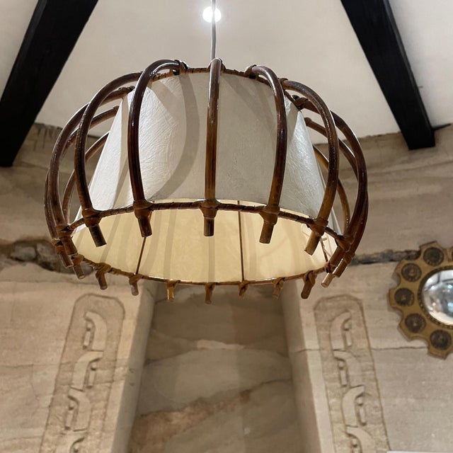 Wood 1950s Sculptural French Bamboo Large Pendant Hanging Lamp France For Sale - Image 7 of 8