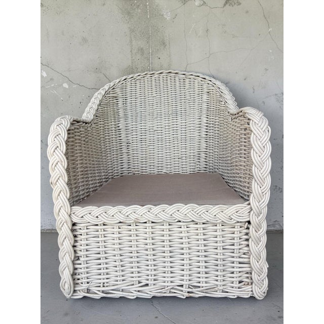 Contemporary Vintage White Large Braid Rattan Barrel Back Chair Frame For Sale - Image 3 of 12
