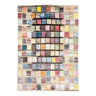 Modern Turkish Tulu Handmade Multicolor Square Pattern Beige Wool Rug For Sale