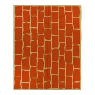 6x8 Yellow Flat Weave Wool Brickwork Motif Geometric Modern Carpet Rug For Sale