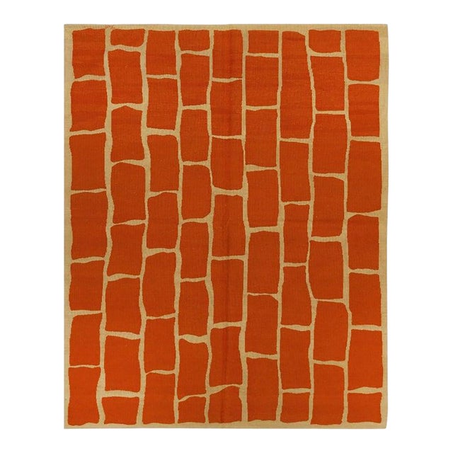 6x8 Yellow Flat Weave Wool Brickwork Motif Geometric Modern Carpet Rug For Sale