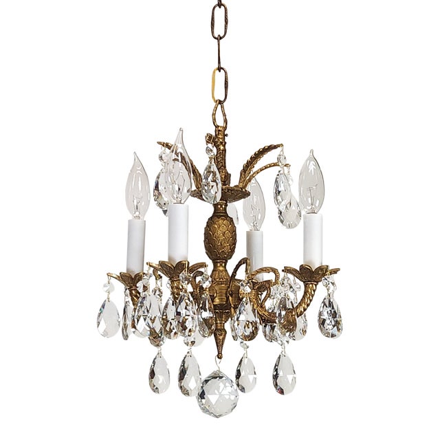 Vintage 4 Arm 4 Light Baby Pineapple Brass Cut Lead Glass Crystal Chandelier For Sale