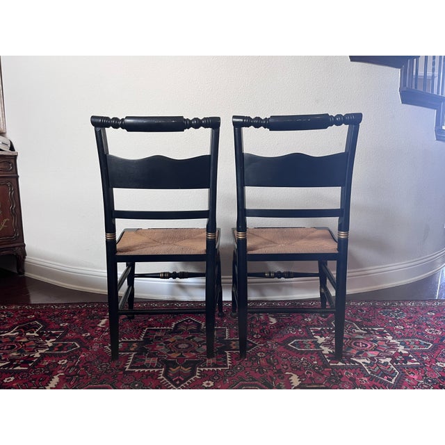 Wood Set of 2 - Vintage Hitchcock Style Stenciled, Black and Gold Painted Chairs, Rush Seats For Sale - Image 7 of 12
