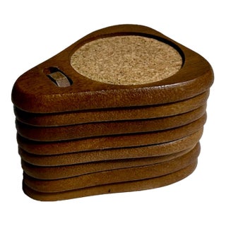 Mid 20th Century Scandinavian Teak & Cork Coasters With Stand - 8 pcs For Sale