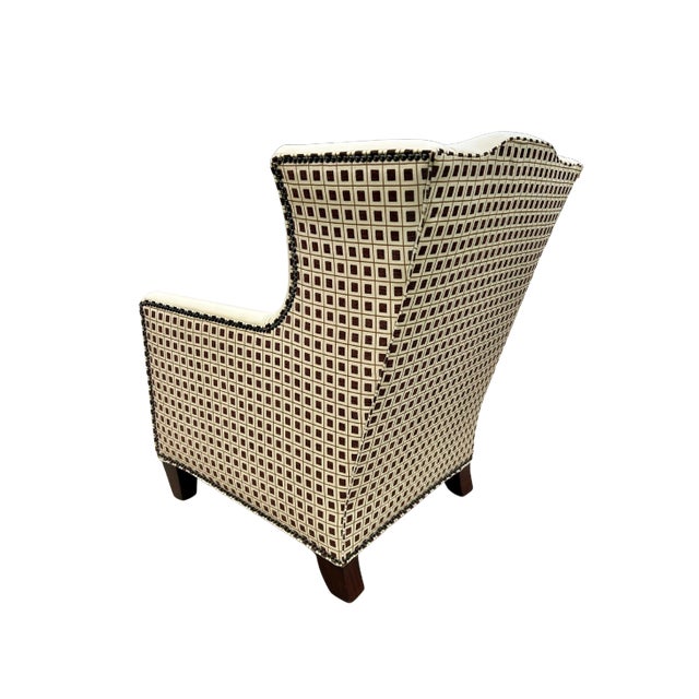 Vintage Henredon Acquisitions Collection Leather Wingback Chairs – Ivory Leather, Geometric Upholstery & Nailhead Trim For Sale - Image 6 of 12