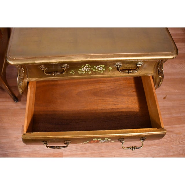 1940 French Style Gold Leaf Fruit Wood Nightstands Bedside Tables For Sale - Image 16 of 18