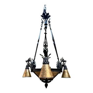 1930s Gothic Black Wrought Iron and Silver Mica "Dragon" Chandelier