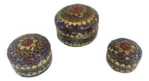 Vintage Handmade Round Shaped Natural Stones Boxes in Cobalt Purple & Gold, Set of 3