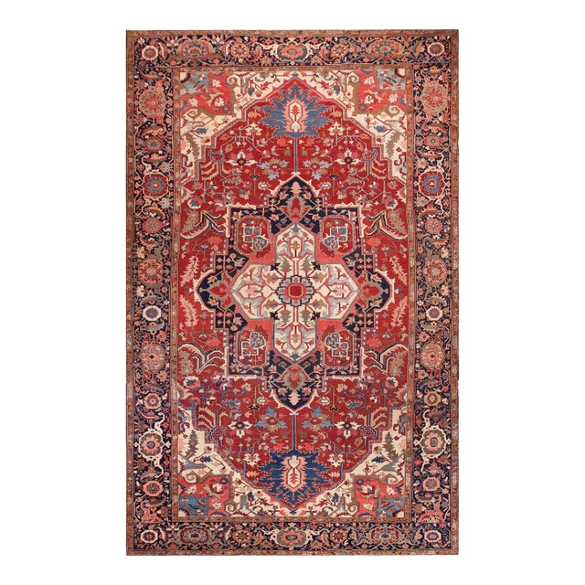 1900s Red Ivory Medallion Antique n.w. Persian Serapi Rug 11'8" X 18'10" Handknotted Wool Carpet For Sale
