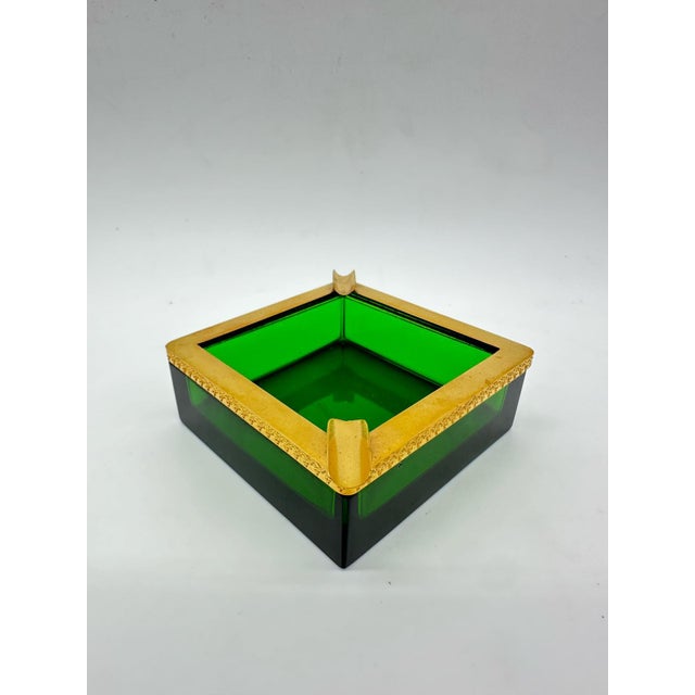Antique Bohemian Green Crystal Ashtray in Polished Edge Mounted in Bronze on Dark Emerald Green Color in Square Shape, 1920s For Sale - Image 4 of 11
