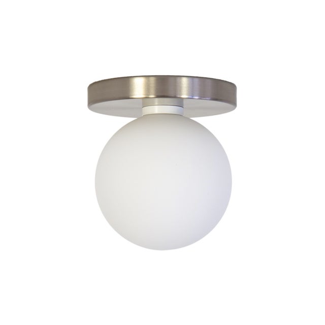 Globe Flush Mount Brushed Nickel, 5 Inch Glass Globe, by Research.Lighting, Modern, Minimal For Sale - Image 4 of 7