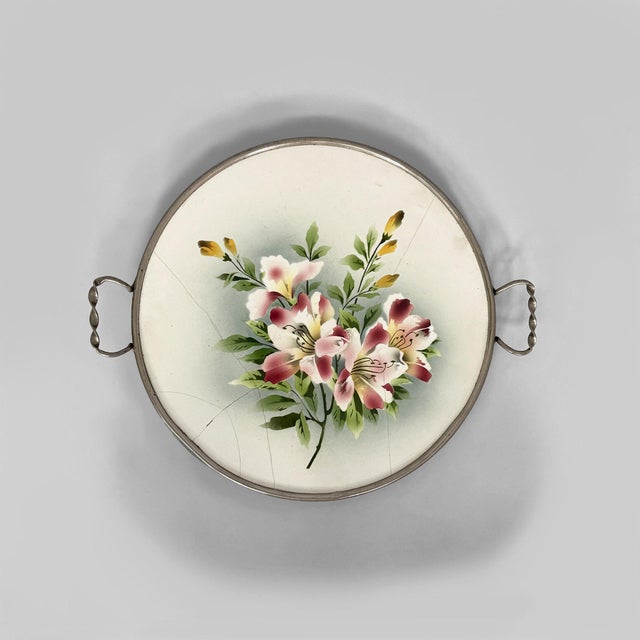 Italian Art Deco Tray in Ceramic and Metal with Flowers, 1920s For Sale - Image 3 of 11