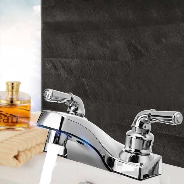 Universal Chrome Plastic Basin Sink Faucet Lavatory 2 Handles Vanity Mixer Tap For Sale - Image 6 of 7