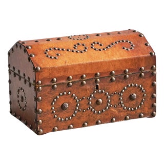 VerDecorative Box in Patinated Cognac Leather and Metal Studs, 1950s For Sale