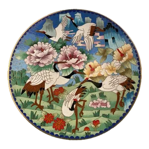 Late 20th Century Bright Cloisonné Plate With Cranes and Flowers