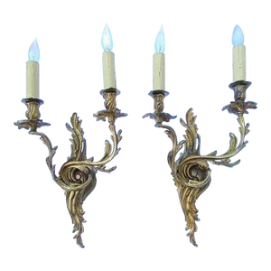 Large Pair of Antique 19th Century Louis XV Style French Gilt Bronze Two Arm Wall Sconces