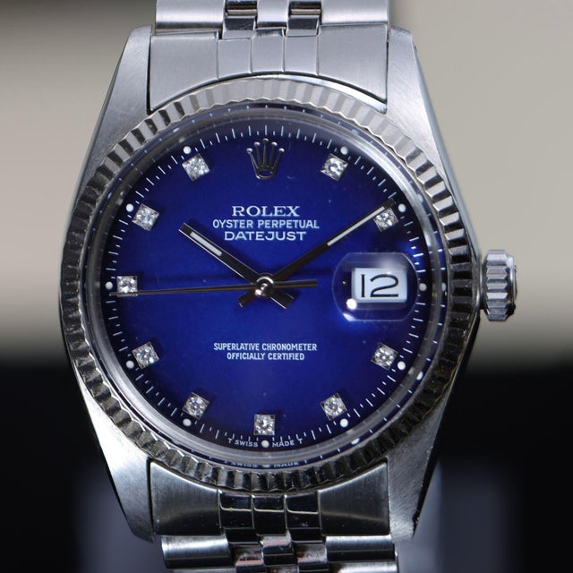 Rolex Datejust 16014 Blue Vignette Diamond Dial 36mm Steel White Gold Watch For Sale - Image 10 of 17