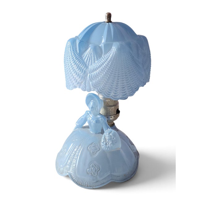 This is a great Art-Deco styled colored blue opaque glass "Southern Belle" boudoir lamp, 1940s, made by L.E. Smith Glass...