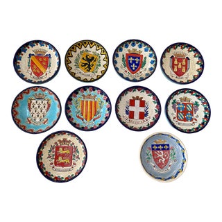 1920s Emaux De Longwy Decor a La Main French Regions Crest Enameled Bowls - Set of 10 For Sale