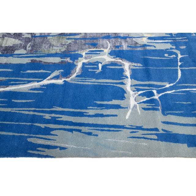 12 X 15 Blue and Gray Contemporary Wool and Silk Rug With Abstract Design For Sale - Image 9 of 10