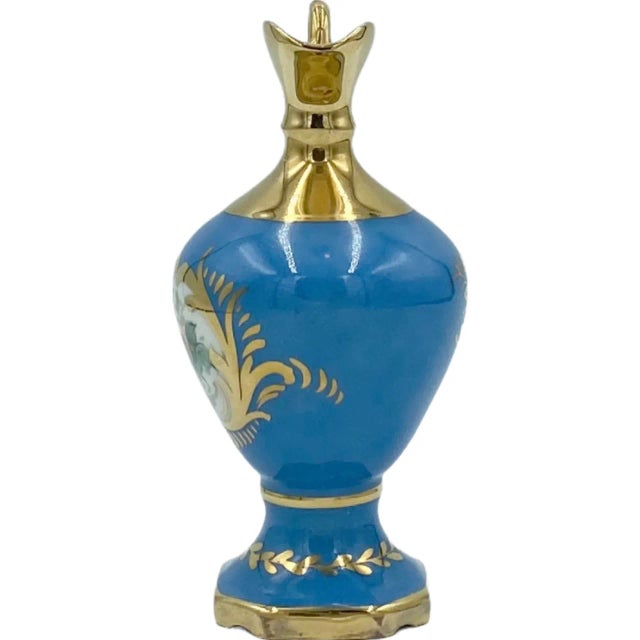 French Vintage Limoges France Decor Main Porcelain Miniature Blue Floral Urn Pitcher For Sale - Image 3 of 12