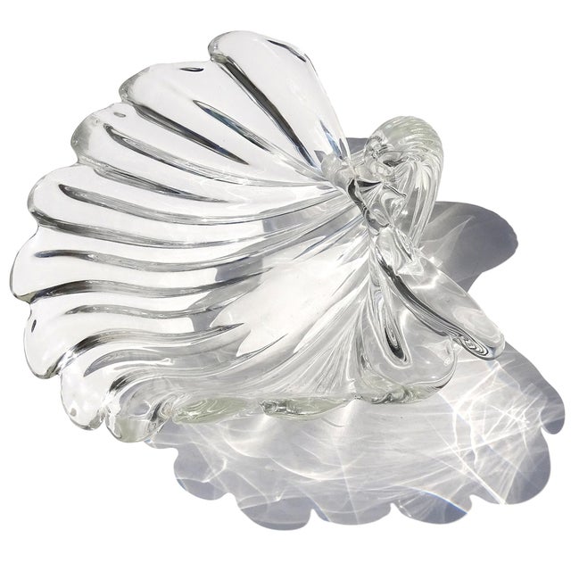 Transparent Seguso Cartier Signed Murano Vintage Crystal Clear Ribbed Surface Italian Art Glass Seashell Shell Bowl For Sale - Image 8 of 11