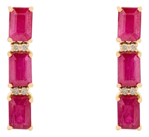 4.57 Ct Three Stone Ruby & Diamond Drop Earrings- A Pair