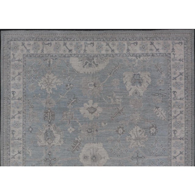 Blue 2020s Modern Oushak With Floral and Tribal Motifs With Cream, Gray and Powder Blue For Sale - Image 8 of 13