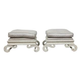 Pair of 1920s Continental Upholstered Ottomans with Carved S-Scroll Bases For Sale