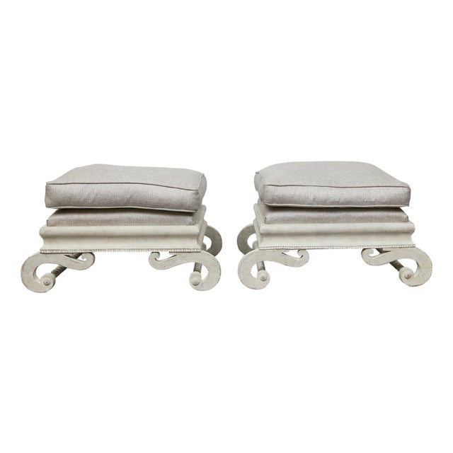 Pair of 1920s Continental Upholstered Ottomans with Carved S-Scroll Bases For Sale
