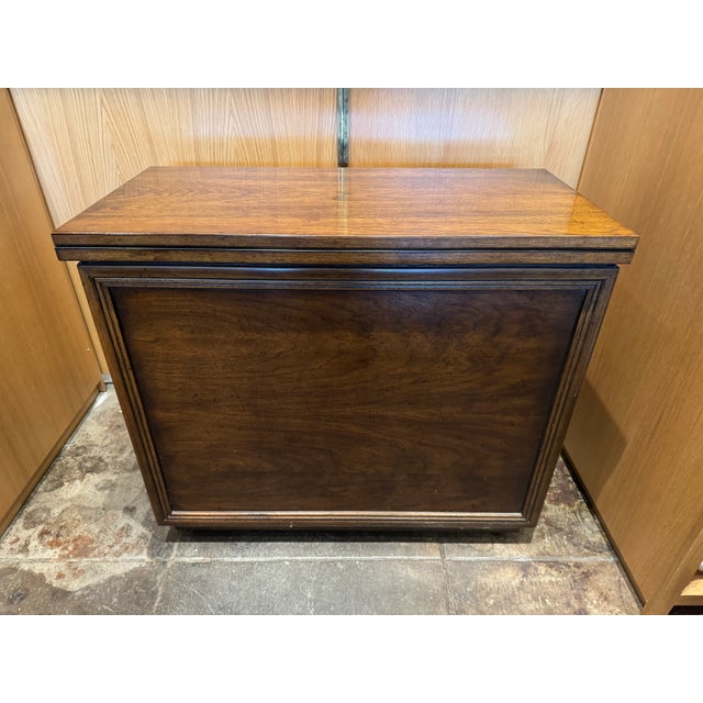 MCM Henredon Campaign Style Walnut and Rattan Rolling Bar/Cabinet W/ Expandable Flip Top For Sale In Los Angeles - Image 6 of 12