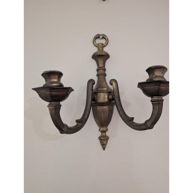 Neoclassical Vintage Pair of Brass Double Arm Wall Candle Scones - a Pair For Sale - Image 3 of 12
