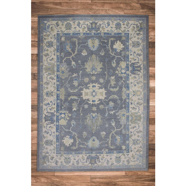 Textile Early 21st Century Gray & Blue Floral Design Handwoven Wool Modern Turkish Oushak Rug 9'9" X 13'11" For Sale - Image 7 of 10