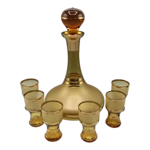 Vintage Amber and Gold Blown Glass Ships Decanter Set With Decanter and 6 Cordial Glasses - Set of 7