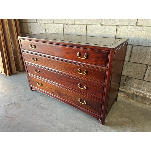 Mid 20th Century Chinese Four Drawer Solid Rosewood Chest With Decorative Brass Hardware For Sale - Image 5 of 13