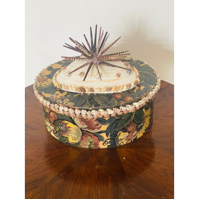 1940s Antique Brocade Paper-Box With Sea Shell Decoration For Sale - Image 5 of 5