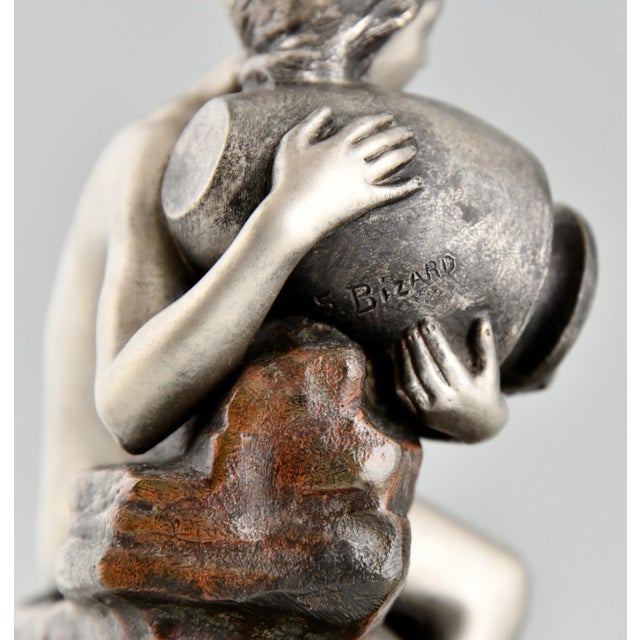 Metal Art Nouveau Bronze Sculptural Tray or Indoor Fountain with Seated Nude Holding a Vase by Suzanne Bizard, France, 1900 For Sale - Image 7 of 9