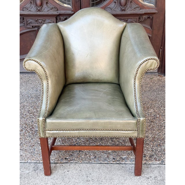 English Library Wing Back Chair of Upholstered Leather and Walnut For Sale - Image 4 of 9