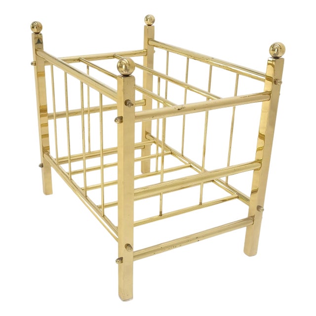 Solid Brass Tube Vintage Mid Century Modern Caddy Magazine Rack Ball Finial For Sale