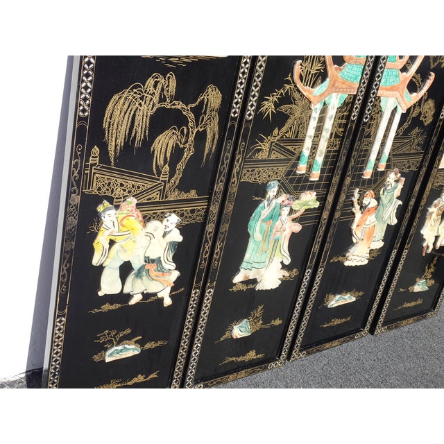 Vintage Black Oriental Asian Wall Four Panel Screen ~ Temple