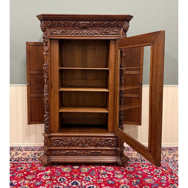 Antique French Renaissance Revival Bookcase Cabinet Side Doors Oak C. 1880s For Sale - Image 4 of 13
