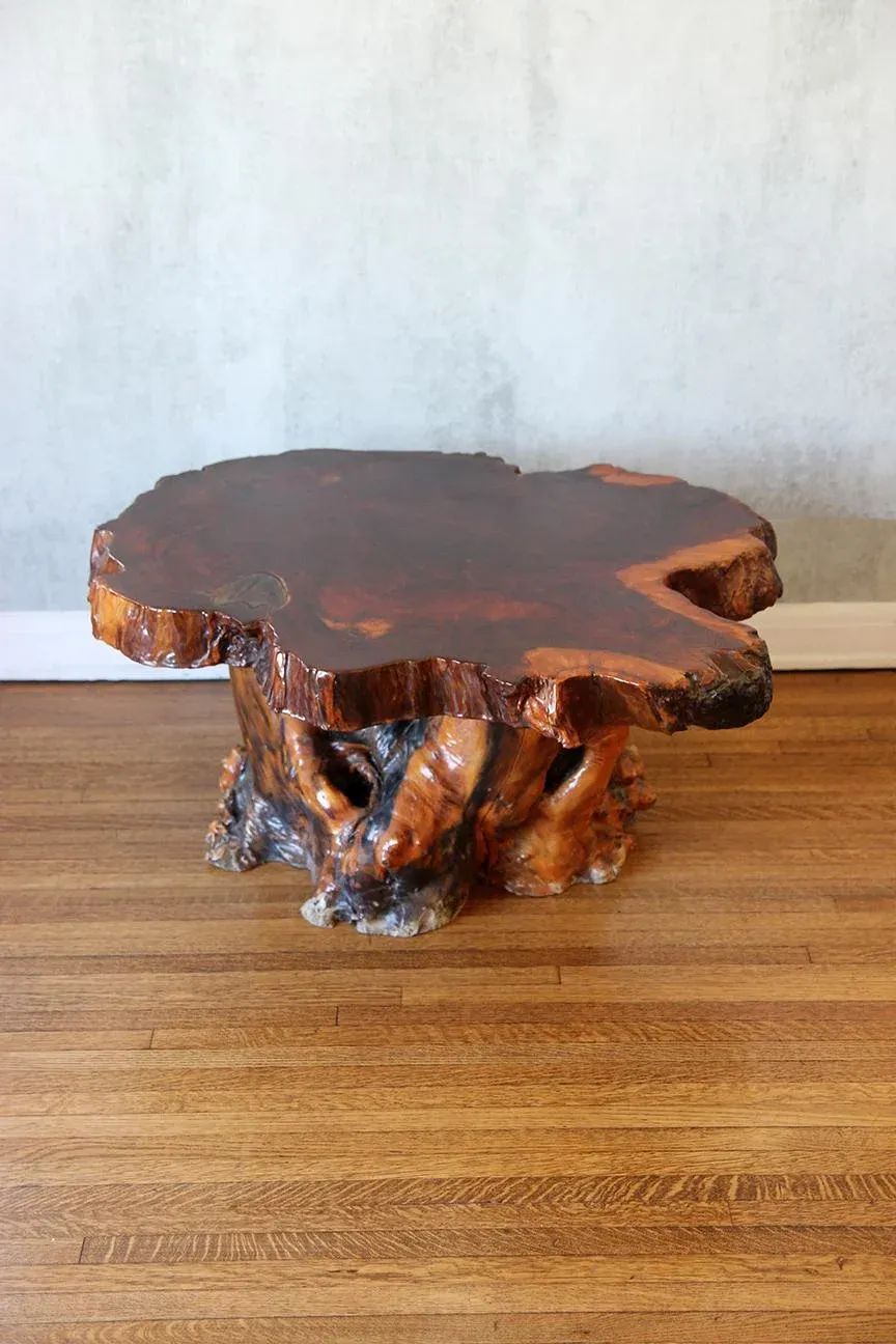 1980s Lacquered Live Edge Specimen Burl Coffee Table With Root