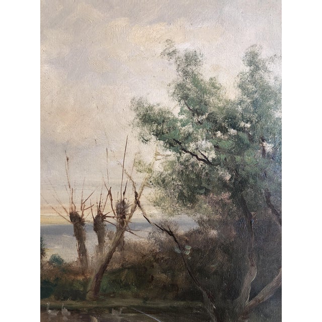 Ziveri, Couple en balade au bord de l'étang avec chien et cygnes, Oil on Canvas, Framed For Sale - Image 7 of 12