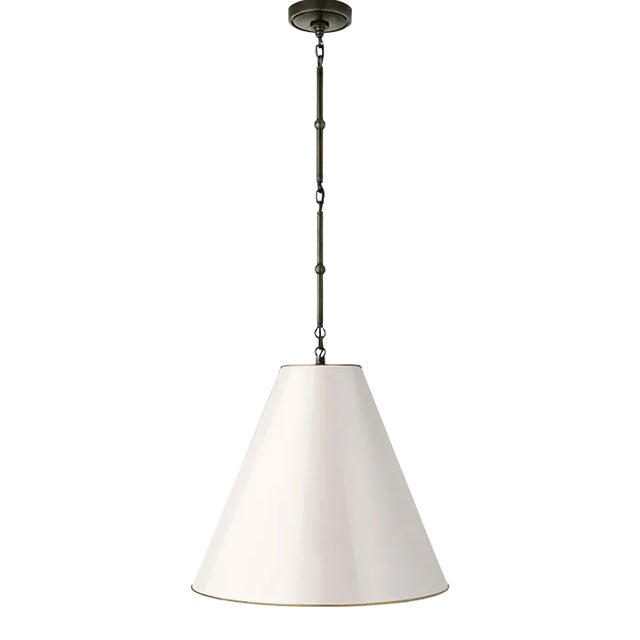 Thomas O'Brien for Visual Comfort Signature Goodman Medium Hanging Light in Bronze with Antique White Shade For Sale