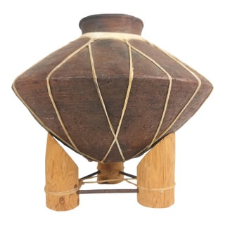 Tarahumara Olla Eartherware Water Jug With Rawhide Lacing and Display Stand For Sale