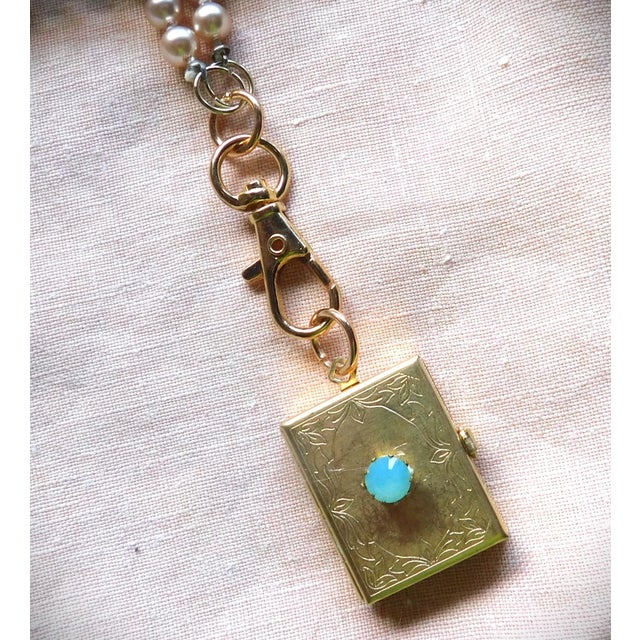 Vintage Four Photo Etched Locket, Pink Pearl Chain, Faceted Pacific Opal Stone, Lobster Claw For Sale - Image 12 of 12