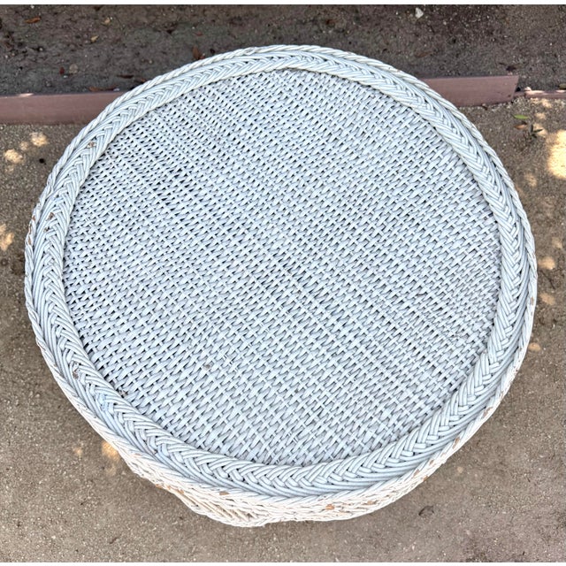 Vintage White Wicker and Rattan Side Table With Scalloped Skirt For Sale In Los Angeles - Image 6 of 15